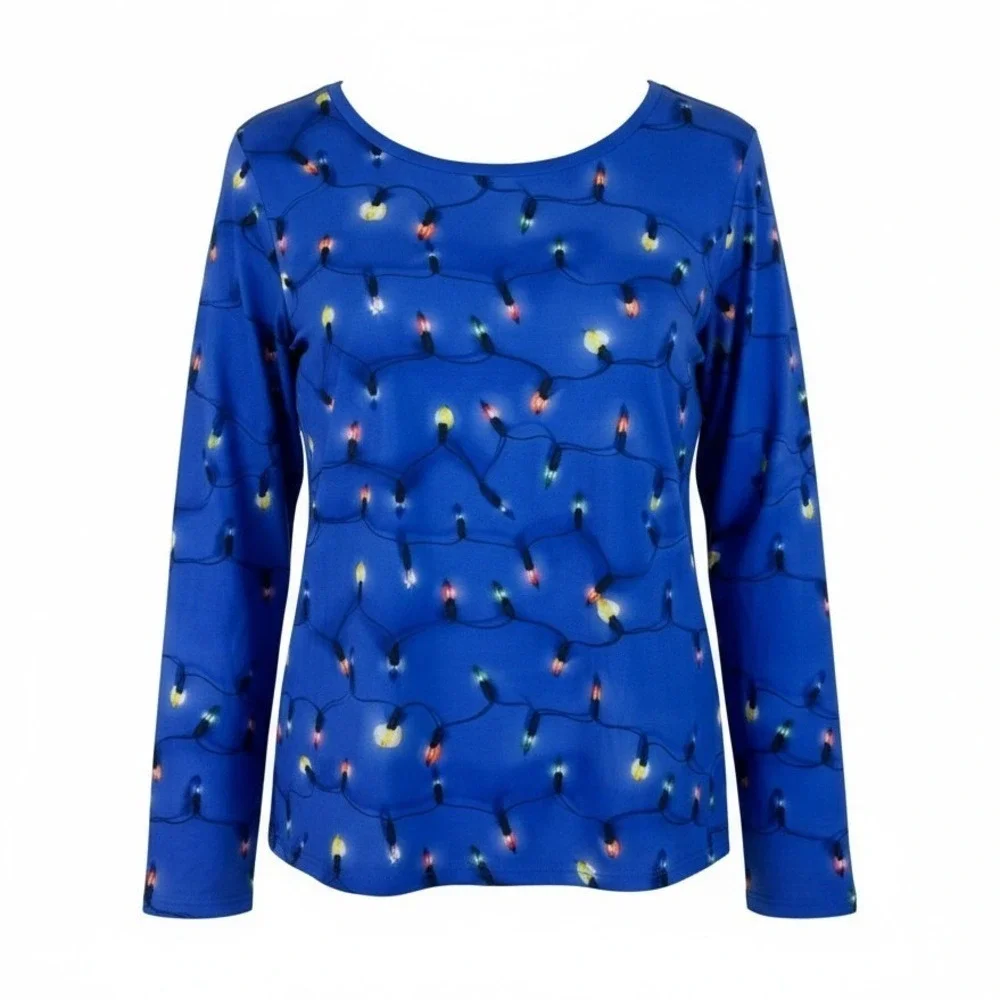 Target Christmas Lights PJ Top‎ Womens Large Blue Scoop Neck Long Sleeve Tee